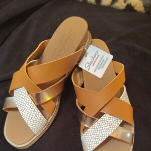 Skechers Women's Sweet Chic  Tan and White Crisscross Sandals